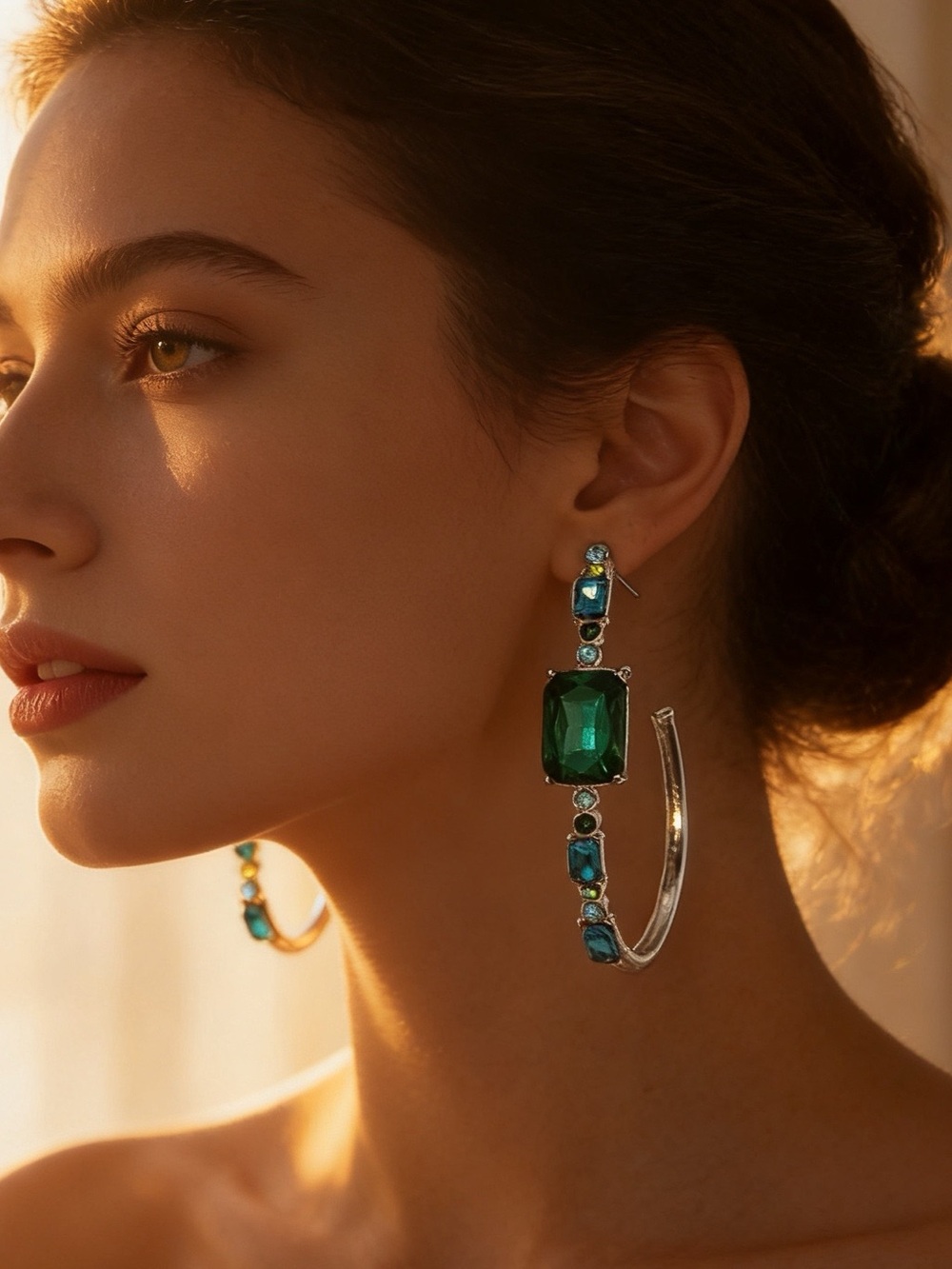 Aquamarine Emerald Crystal Hoop Earrings